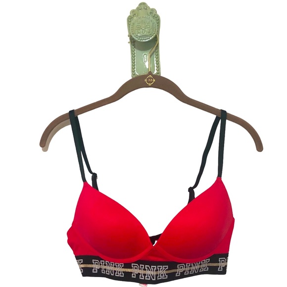 Victoria Secret VS Pink Bra NEW Wireless Push Up Red Black Metallic Wide Band 36 - Picture 1 of 9